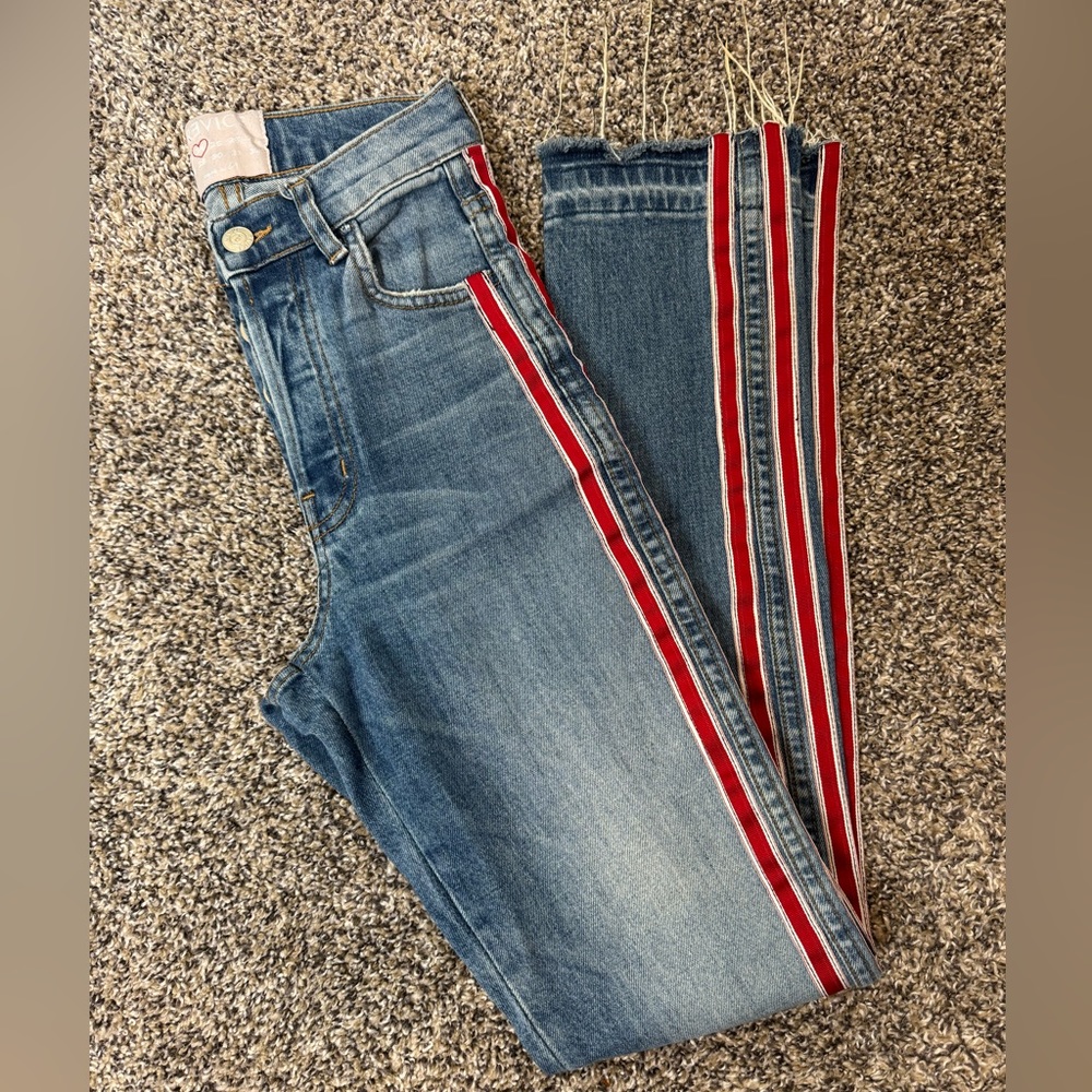 REVICE “Ruby Tuesday” Jeans With Red Racer Stripe with Frayed Hem 24